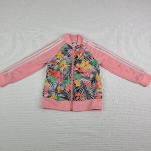 Adidas Girls 3T Track Jacket Pink Arm Stripe Floral Embroidered Logo Casual Zip